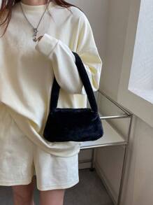Bolso de hombro de estampado de vaca con peluche (el diseño del estampado se coloca al azar) - Negro - Ver 3