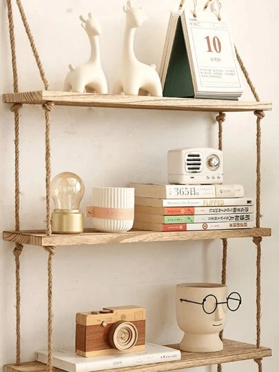 1 件多功能免钉收纳架，黄麻绳隔断木制书架，壁挂式装饰架，客厅浮动架子房间装饰