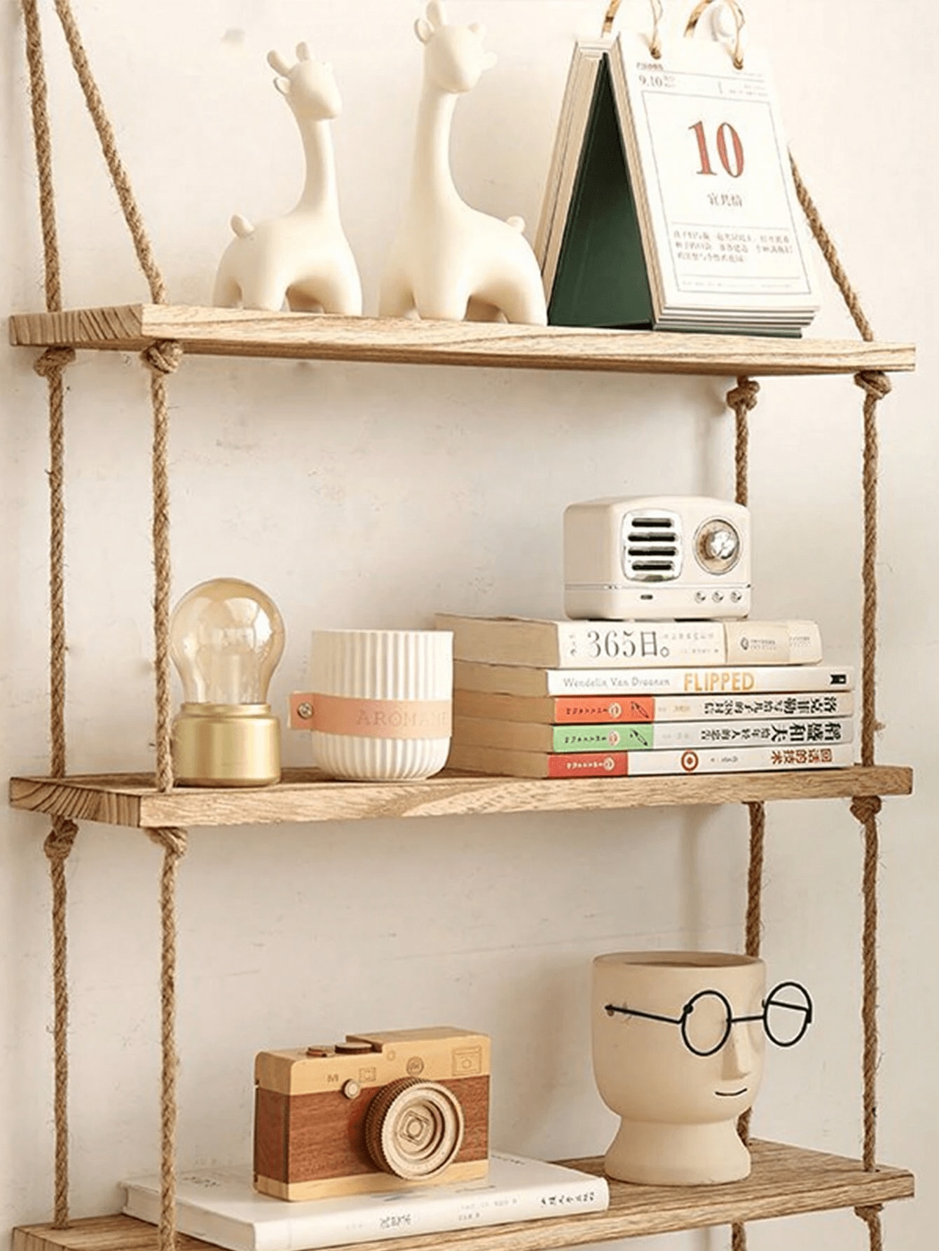 1pc Multi-Função Prateleira de Armazenamento Sem Pregos, Divisória de Corda de Juta Prateleira de Madeira para Livros, Prateleira Decorativa de Parede, Prateleiras Flutuantes para Sala de Estar Decoração de Quarto