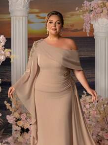 Faeriesty Mosy Plus-Size Evening Gown With Asymmetric Neckline, Statement Bell Sleeve & Cascading Side Silhouette - Elegant Mother-Of-The-Bride Dresses, Gala Dinner Attire, Formal Evening Wear, Red Carpet-Ready Designs, Black-Tie Event Outfits