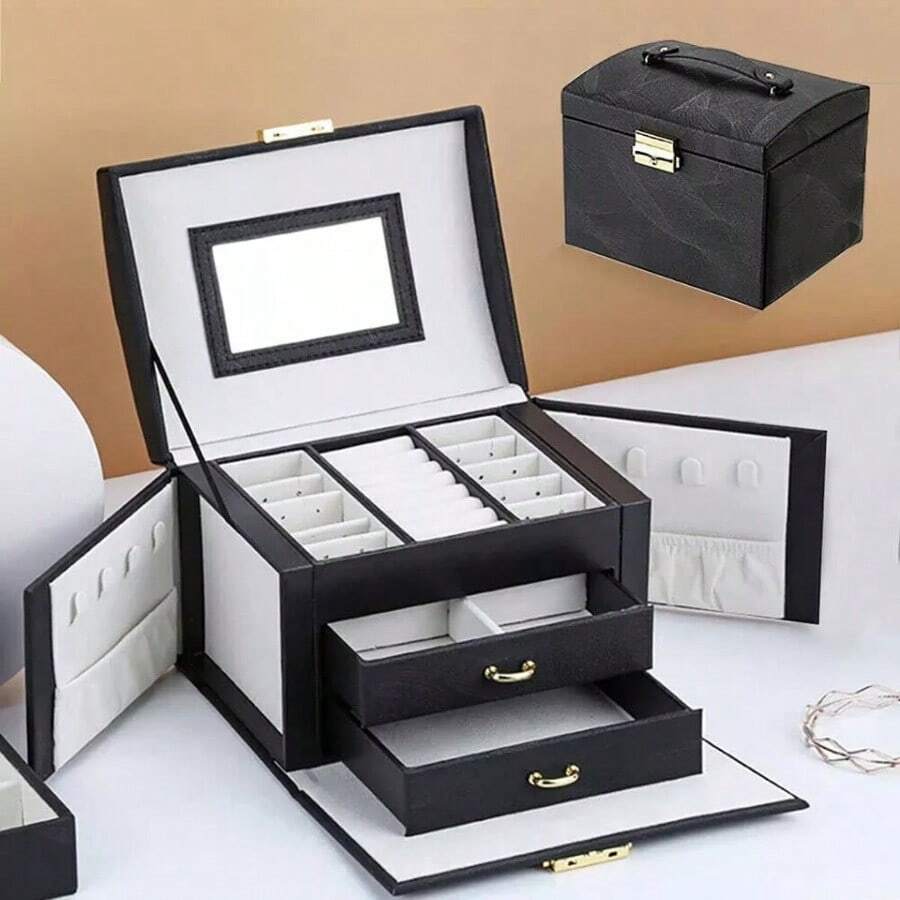 3 Layers Jewellery Boxes Storage Case Drawer Cabinet Earing Necklace Organizer Black Back To School Dormitory Storage - Black - View 1
