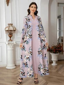 女士 Abaya Jalabiya 连衣裙，立领 V 领长裙，常规款式，全身印花，超厚柔软四向弹力面料，荷叶边袖子，闪闪发光的水钻装饰，优雅奢华的外观 - 紫色 - 查看 7