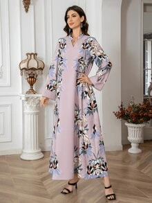 女士 Abaya Jalabiya 连衣裙，立领 V 领长裙，常规款式，全身印花，超厚柔软四向弹力面料，荷叶边袖子，闪闪发光的水钻装饰，优雅奢华的外观 - 紫色 - 查看 5