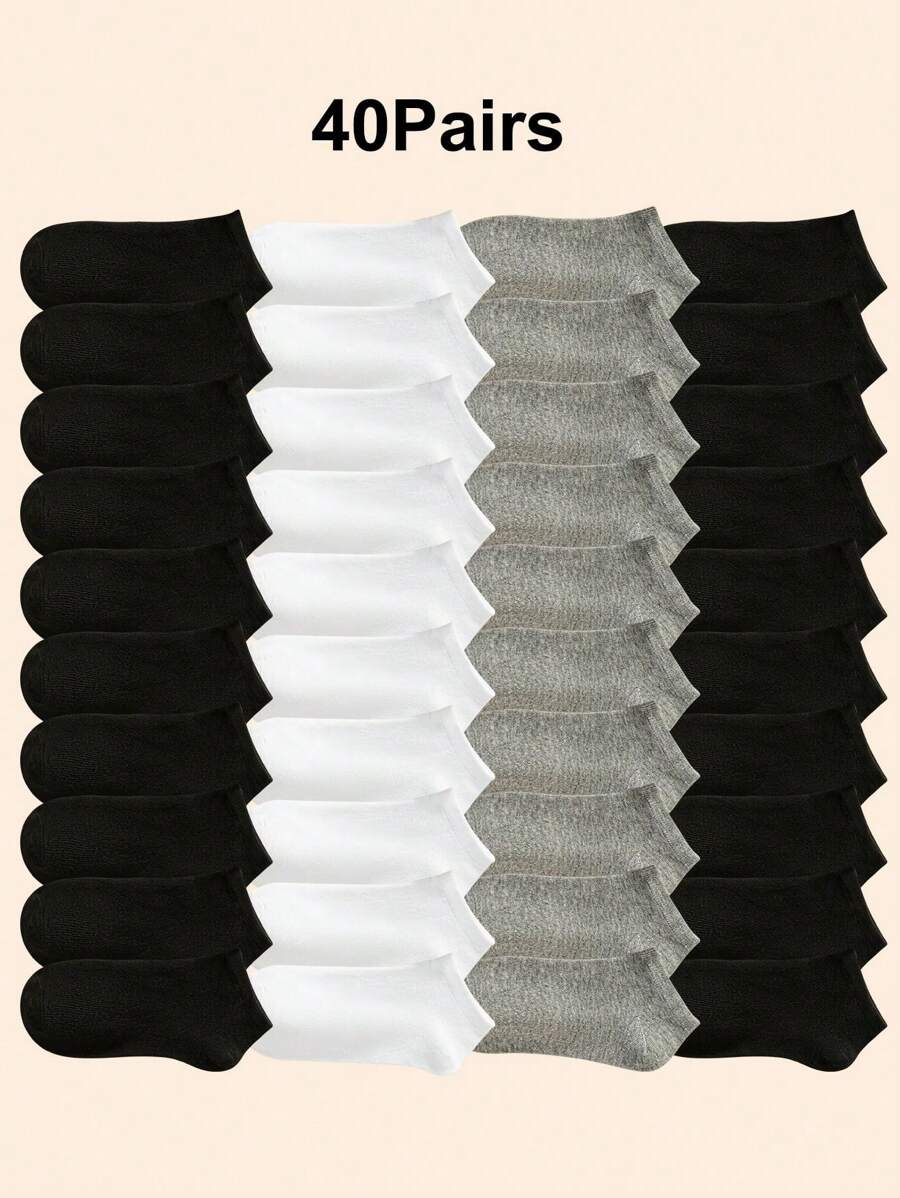 40 Pairs Black, White, Grey Ankle Socks Men, Solid Color Sports Low Cut ...