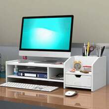 Office And Dormitory Dedicated Desktop Double-Layer Storage Rack, Computer Monitor Stand Elevated, Desktop Monitor Elevated Rack, Drawer Style Storage Rack Elevated Base - White - View 8