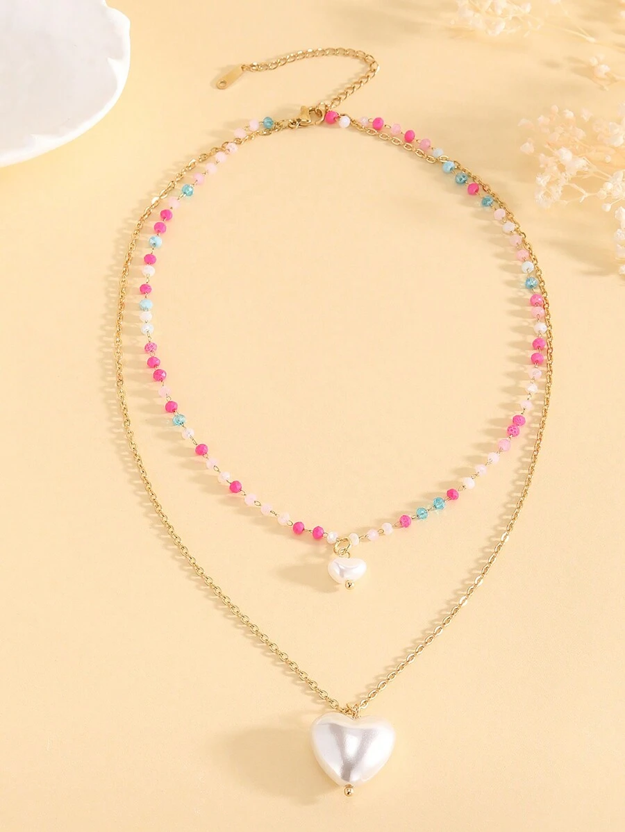 1 件时尚不锈钢手工水晶珠和人造珍珠吊坠多层项链，适合女性日常佩戴 - 彩色 - 查看 1