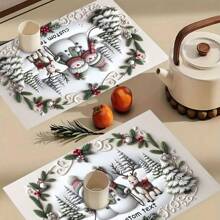 Personalised Christmas Printed Linen Placemats (Set Of 4 / Set Of 6) - Cute Snowman Printed 30*45CM/12X18IN Placemats, Tablecloths - Customised Text Design, Perfect For Christmas, New Year, Family Gatherings