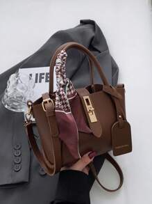 1 geantă de tote PU cu cataramă minimalistă la modă cu eșarfă, potrivită pentru uz zilnic