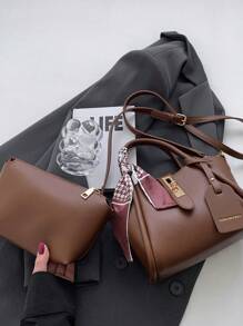 1 geantă de tote PU cu cataramă minimalistă la modă cu eșarfă, potrivită pentru uz zilnic