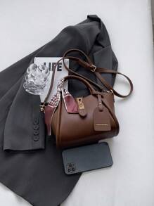 1 geantă de tote PU cu cataramă minimalistă la modă cu eșarfă, potrivită pentru uz zilnic