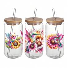 5pcs Watercolor Hummingbird UV DTF Decal Set For 16oz Libbey Cups - Waterproof, Scratch-Resistant DIY Stickers With 3D Crystal Effect, Self-Adhesive For Easy Cup Customization - Multicolor - View 3