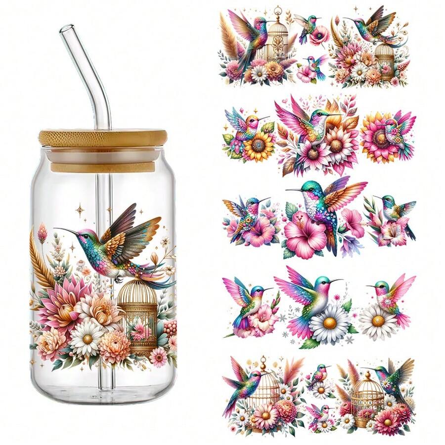 5pcs Watercolor Hummingbird UV DTF Decal Set For 16oz Libbey Cups - Waterproof, Scratch-Resistant DIY Stickers With 3D Crystal Effect, Self-Adhesive For Easy Cup Customization - Multicolor - View 1