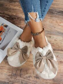 Women's Bow Decor Slip On House Slippers, Comfortable & Warm For Autumn/Winter Indoor, Home, Living Room, Dorm Use