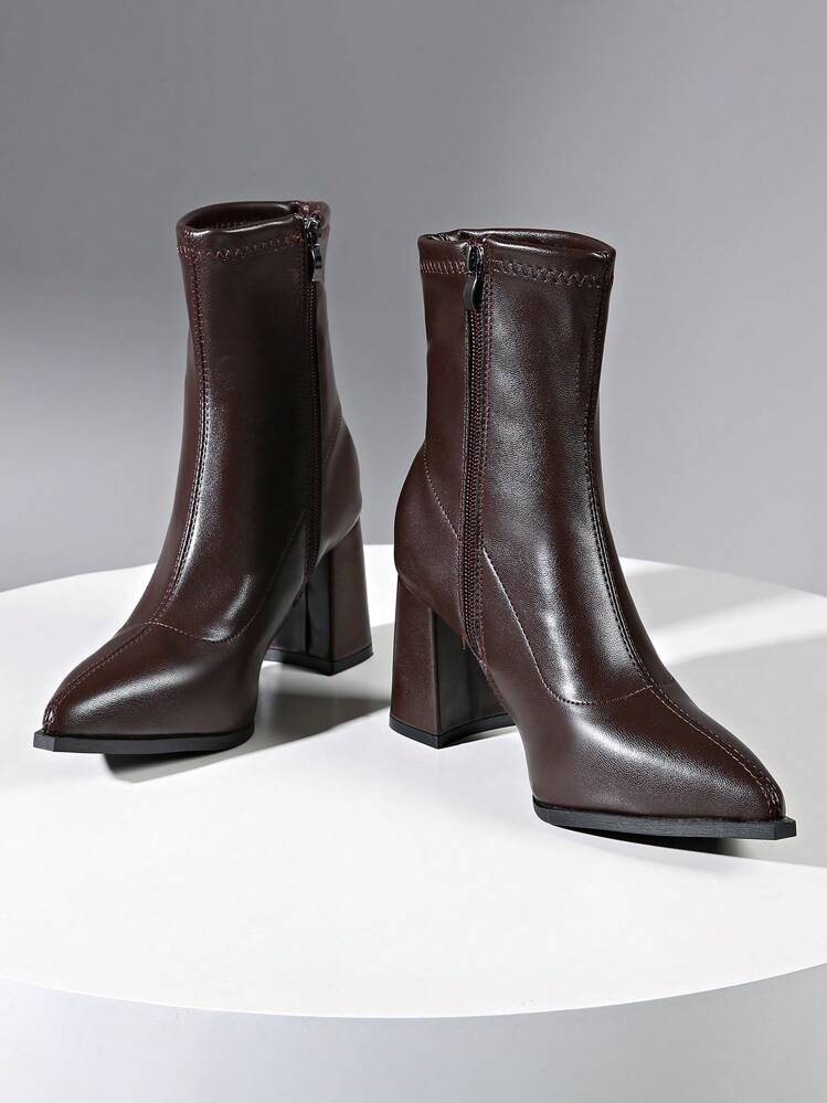 Botas de cano alto com bico fino e salto grosso, novas botas de cano alto femininas, tamanhos grandes 40-43, primavera/outono 2025 - Castanho - Ver 3