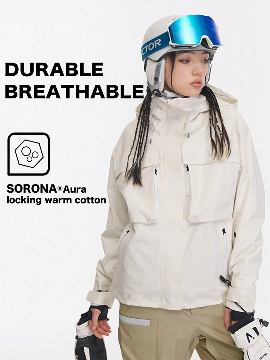 VECTOR MOTION 专业加厚连帽滑雪服，男女通用，保暖，弹性好，防寒，防风，防水，耐磨，透气，适合单板/双板滑雪，白色