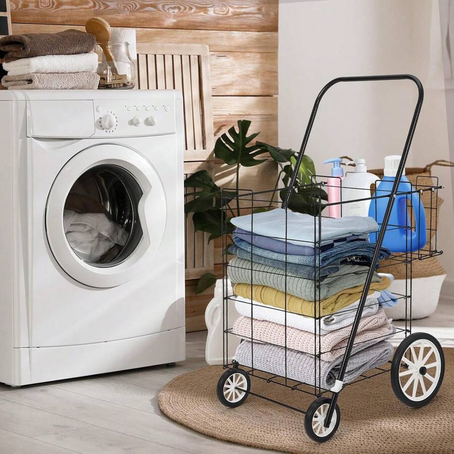 Utility Shopping Cart With Double Basket, Foldable Rolling Carts For ...