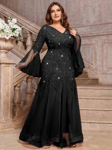 Vestido de fiesta de manga larga con cuello en V, encaje floral, inserciones de lentejuelas, malla de contraste y bajo de sirena para tallas grandes