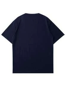 2025 Men's Summer Slogan & Letter Print Round Neck Short Sleeve Casual T-Shirt - Navy Blue - View 5