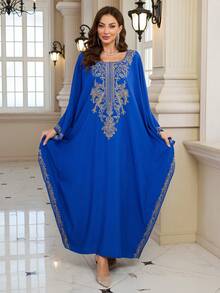 Blue Embroidered Arabic Round Neck Dress Casual Loose Moroccan Kaftan Dresses - Màu xanh lam - Xem 5