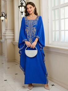 Blue Embroidered Arabic Round Neck Dress Casual Loose Moroccan Kaftan Dresses - Màu xanh lam - Xem 7