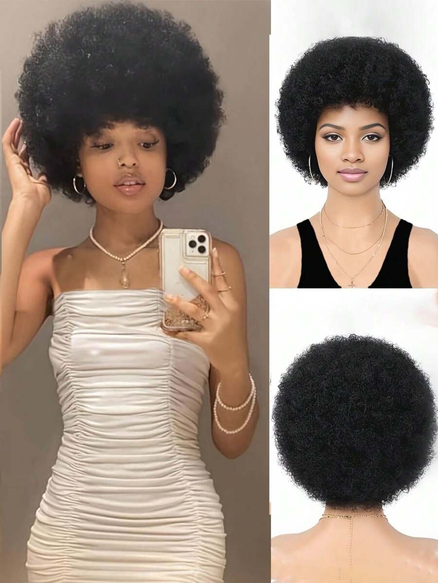 14 英寸中性非洲短卷发假发，70 年代 80 年代摇滚迪斯科假发，百搭舒适的黑色假发，合成短发通用假发，柔软弹跳时尚初学者友好型自然角色扮演假发，万圣节搞笑派对服装重金属摇滚歌手假发，适合节日生日感恩节礼物，适合圣诞节新年装饰和 1 件假发帽 - 黑色 - 查看 1