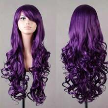 Parrucca viola lunga e riccia con frangia per donne - Capelli sintetici resistenti al calore, perfetta per Ognissanti e cosplay