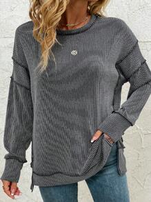 Women Plus Size Long Sleeve Shirts Fall Ribbed Loose Fit Plus Size Sweatshirts Casual Side Slit Tunic Tops - Black - View 1