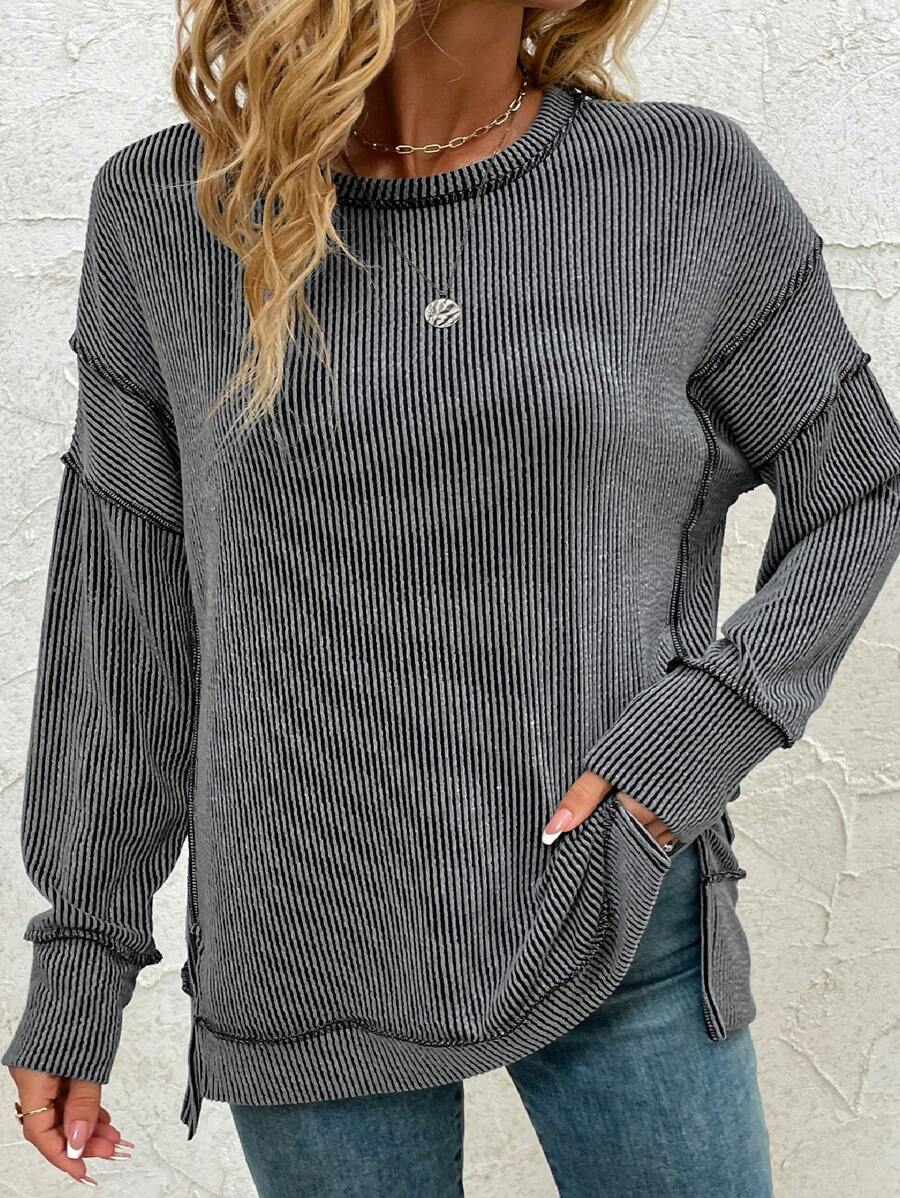 Women Plus Size Long Sleeve Shirts Fall Ribbed Loose Fit Plus Size Sweatshirts Casual Side Slit Tunic Tops - Black - View 1