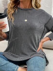 Women Plus Size Long Sleeve Shirts Fall Ribbed Loose Fit Plus Size Sweatshirts Casual Side Slit Tunic Tops