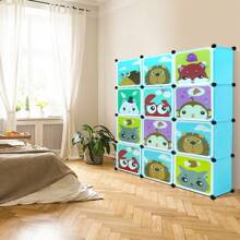 Armoire pour enfants, 12 cubes en plastique, armoire avec portes pour vêtements, chaussures, jouets, cartable, rose/bleu