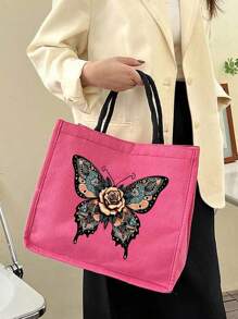 Elegant Rose Butterfly Tote With Matching Makeup Pouch: Lightweight, Portable Shopping & Travel Bags,Large Capacity Mom Grandma Tote Bag - Stylish Shoulder Bag, Unique Nana Gifts Best Thanksgiving Gifts For Grandma - Hot Pink - View 2