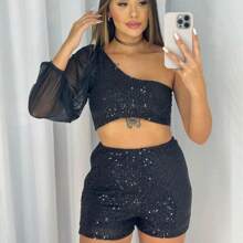 Women's New Year's Eve Set, Shiny Sequined Party Outfits - màu đen - Xem 1
