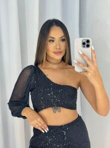 Women's New Year's Eve Set, Shiny Sequined Party Outfits - màu đen - Xem 5