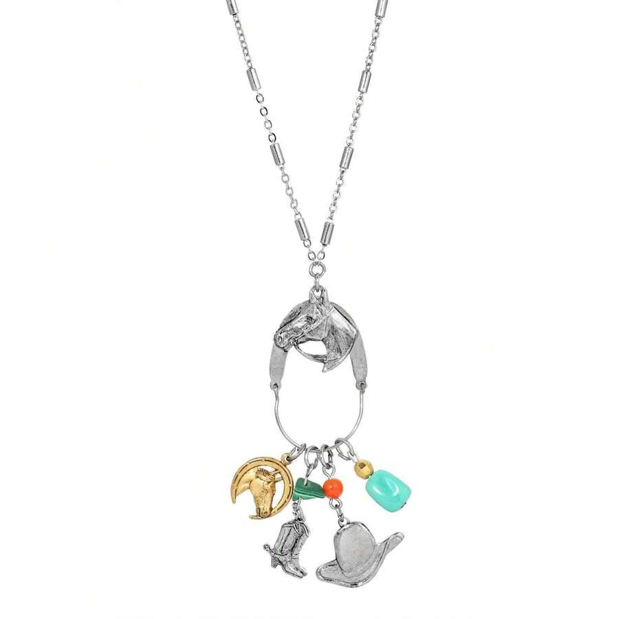 Silver Tone Charm Horse Head Boot And Hat 28" Necklace