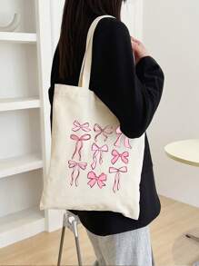 1pc Nine Pink Bow Pattern Women'S Handbags, Reusable Shopping Bags, Foldable Large Capacity Casual Shopping Bags, Simple Bohemian Handbags, Suitable For Work, Travel, Shopping, School Bags, Large Capacity, Portable, Christmas Gift, Cute Bow Bag For Women