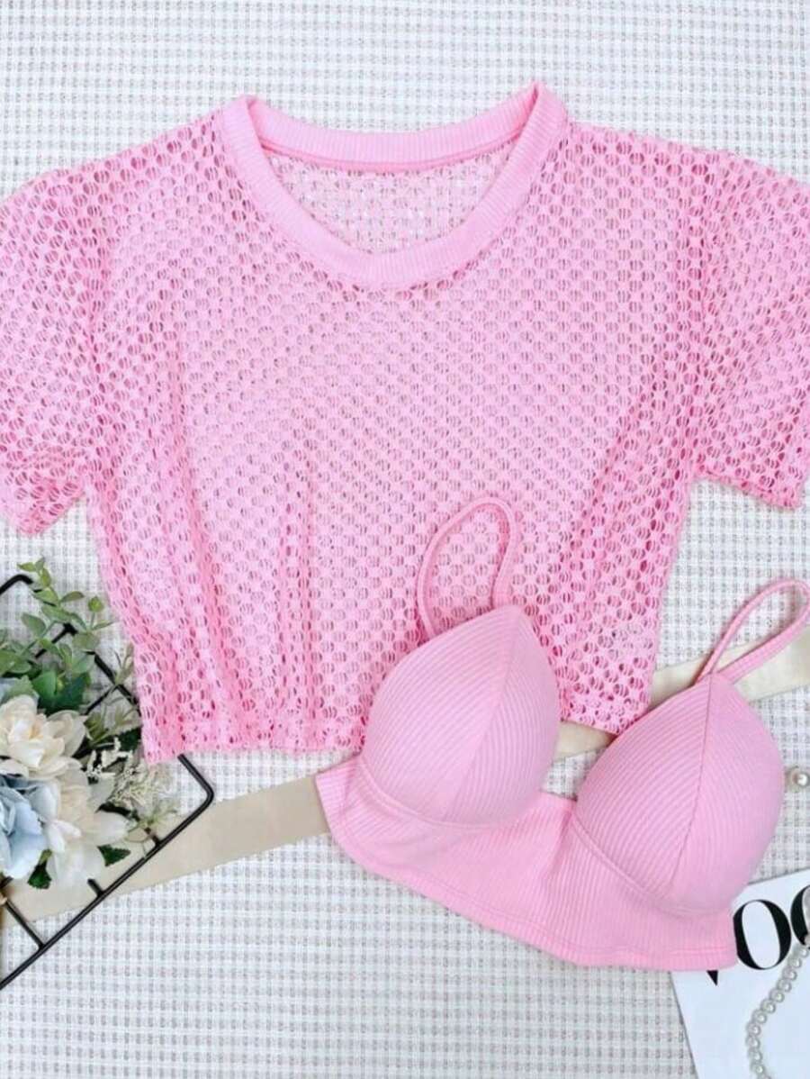 Women's Fishnet Top Set - 淺粉色 - 查看 1