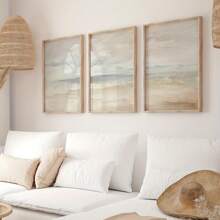 Juego de 3 impresiones en lienzo de paisaje de playa y minimalista - Arte de pared de paisaje marino en tonos pastel vintage, pósters sin marco para decoración de sala de estar, dormitorio y dormitorio