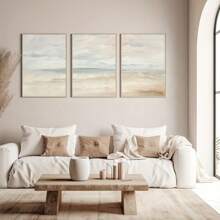 Juego de 3 impresiones en lienzo de paisaje de playa y minimalista - Arte de pared de paisaje marino en tonos pastel vintage, pósters sin marco para decoración de sala de estar, dormitorio y dormitorio