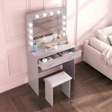 Dressing Table, Cosmetic Table, Dressing Table With LED Lighting, Drawers And HD Mirror With Adjustable Brightness, 3 Colors, Dressing Table Chest Of Drawers For Bedroom, White - Xám - Xem 8