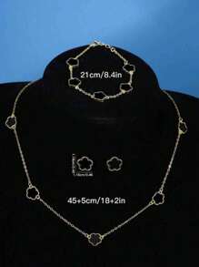 4pcs/Set Luxury Minimalist Five Petal Flower Micro-Inlaid Zirconia Copper Necklace, Bracelet & Earrings Set, Gift For Daily Wear, Engagement, Wedding, Valentine's Day - Black - View 3