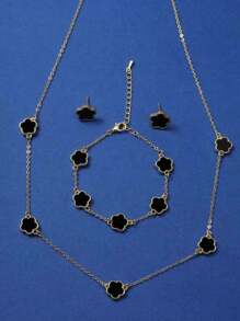 4pcs/Set Luxury Minimalist Five Petal Flower Micro-Inlaid Zirconia Copper Necklace, Bracelet & Earrings Set, Gift For Daily Wear, Engagement, Wedding, Valentine's Day - Black - View 2