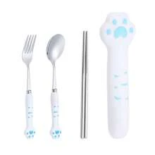 2/3pcs Stainless Steel Portable Tableware Fork Spoon Set With Cute Cat Claw Box - Durable, Easy-To-Clean, Ergonomic Coffee And Dessert Spoons For Home, Kitchen, And Restaurant Use With Adorable Cat-Shaped Design, Back To School