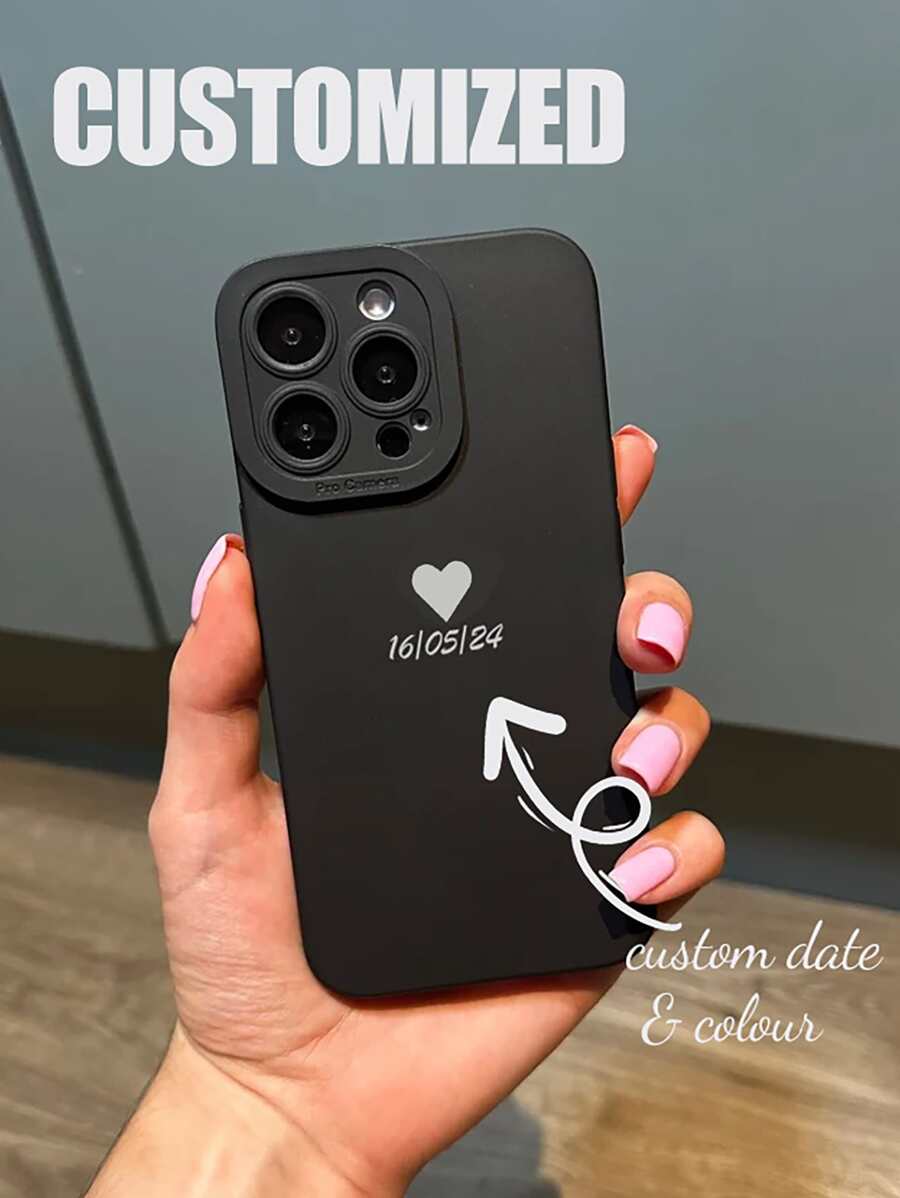 1 carcasă de telefon rezistentă la șocuri cu model personalizat de dată și inimă, compatibilă cu 16 Pro Max/16 Pro/16 Plus, 17 Pro Max/17 Pro/17 Air, huse de telefon personalizate, stil casual urban - Negru - Vizualizare 1