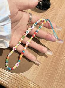 Customized Phone Lanyard, Fashion Colorful Rice Bead & Letter Bead Phone Strap, Personalized With Name, Slogan, Location, Date, Suitable As Birthday, Anniversary, Daily Wear Gift