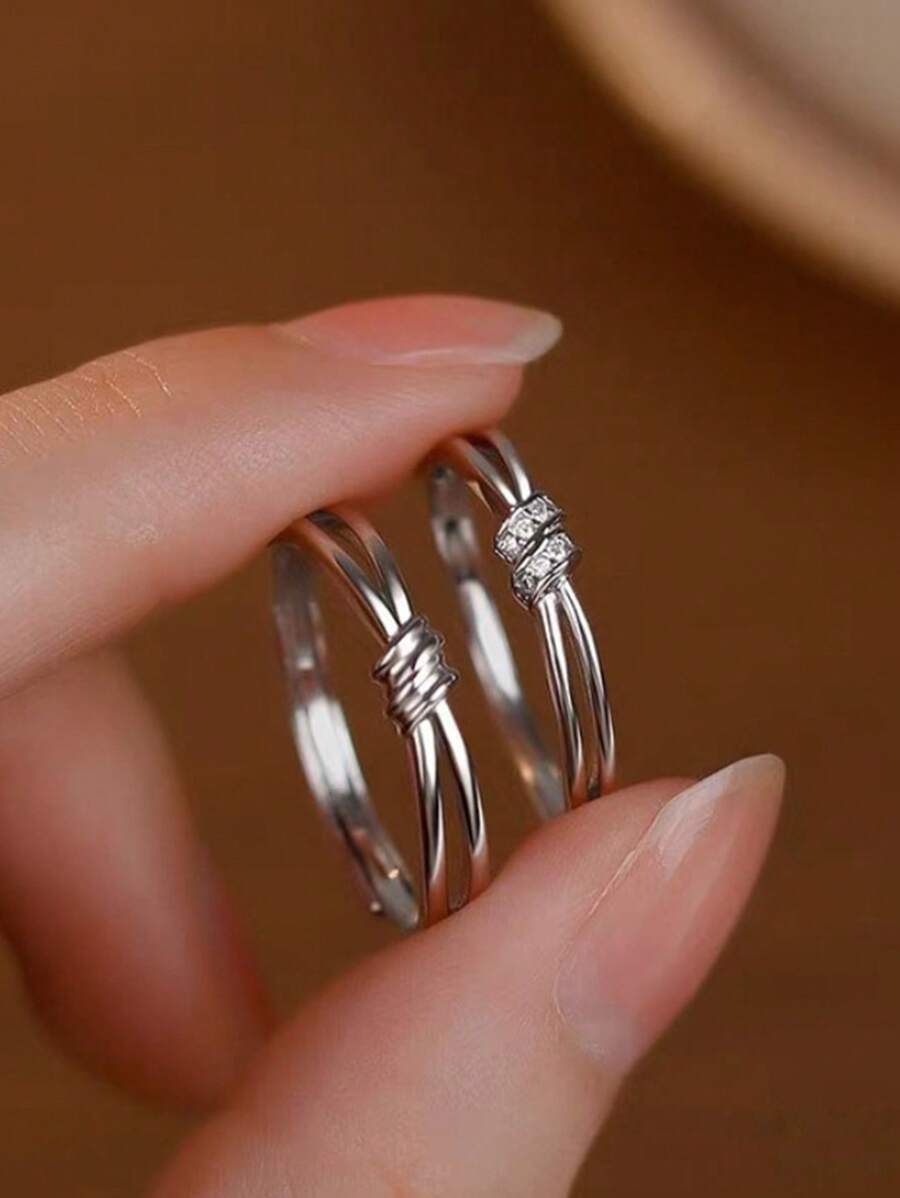 Bộ 2 chiếc nhẫn xoắn bằng đồng và bạc thời trang tối giản đính đá Zirconia, Phụ kiện trang sức cho cặp đôi/hàng ngày/tiệc tùng
