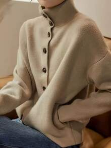 Women's Casual Solid Color Single-Breasted Stand Collar Long Sleeve Knitted Cardigan, Elegant Minimalist Fashion Sweater Jacket, Simple Commuting Street Style