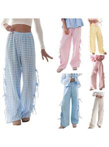 Women Wide-Leg Pants Plaid/Stripe Print Side Tie-Up Loose Trousers Spring Summer Casual Sweatpants Bottoms - Màu vàng - Xem 2