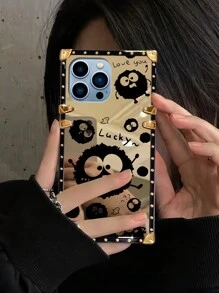 1pc Mirrored Cartoon Coal Ball Pattern Rectangle Phone Case, Creative Shock-Proof Protective Cover, Gift For Lover, Friend, Family, Birthday - Gold - View 2