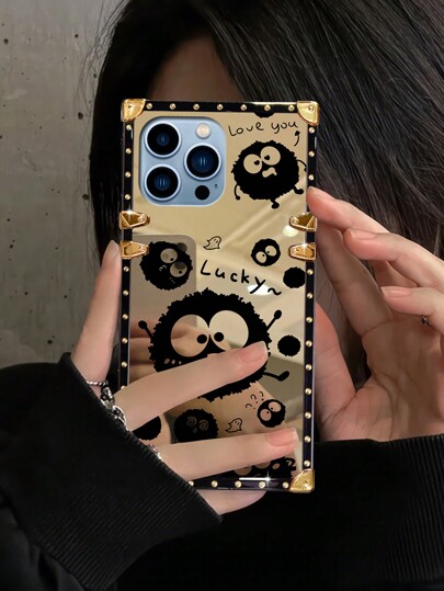 1pc Mirrored Cartoon Coal Ball Pattern Rectangle Phone Case, Creative Shock-Proof Protective Cover, Gift For Lover, Friend, Family, Birthday