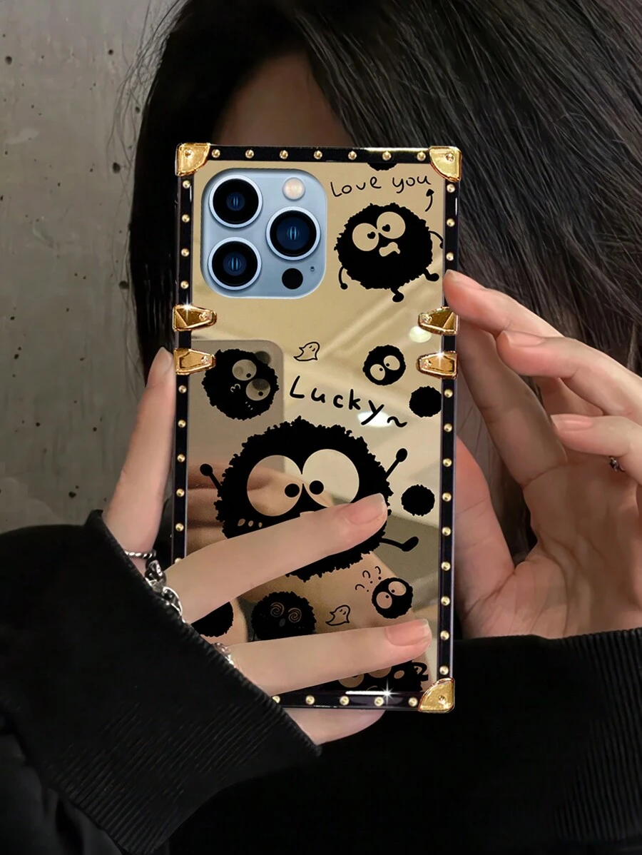 1pc Mirrored Cartoon Coal Ball Pattern Rectangle Phone Case, Creative Shock-Proof Protective Cover, Gift For Lover, Friend, Family, Birthday